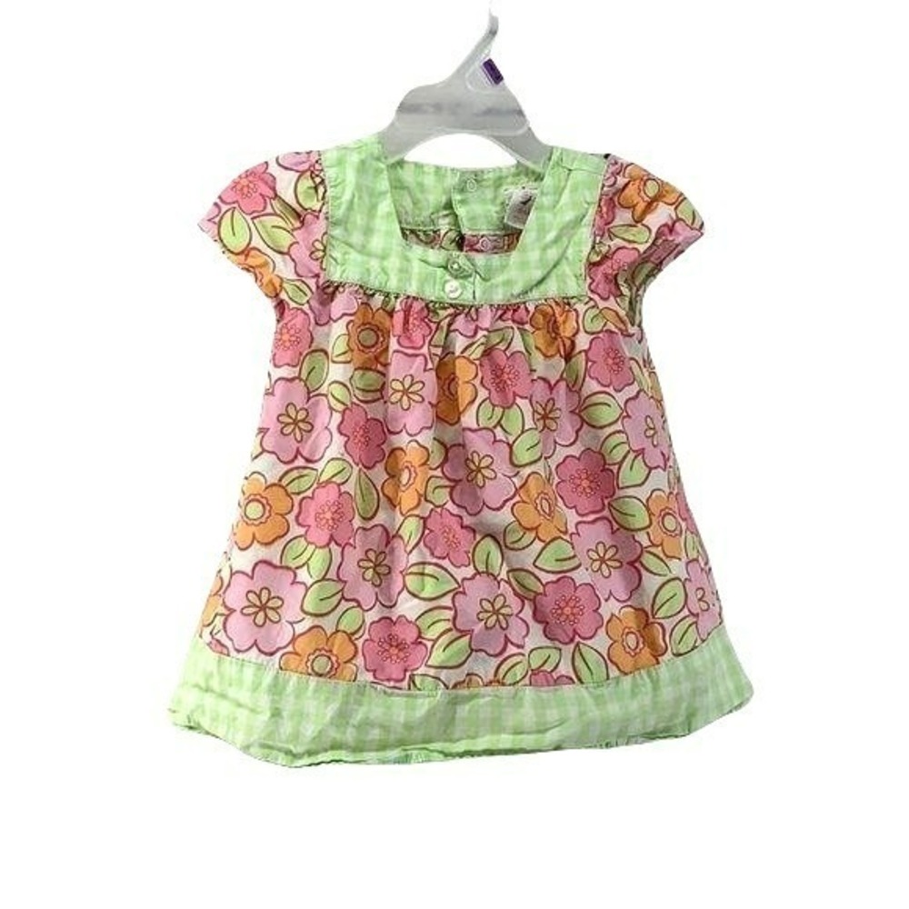 Circo Baby Girl Floral‎ Gingham Dress Pink Green 9M Vintage 90s y2k 100% Cotton